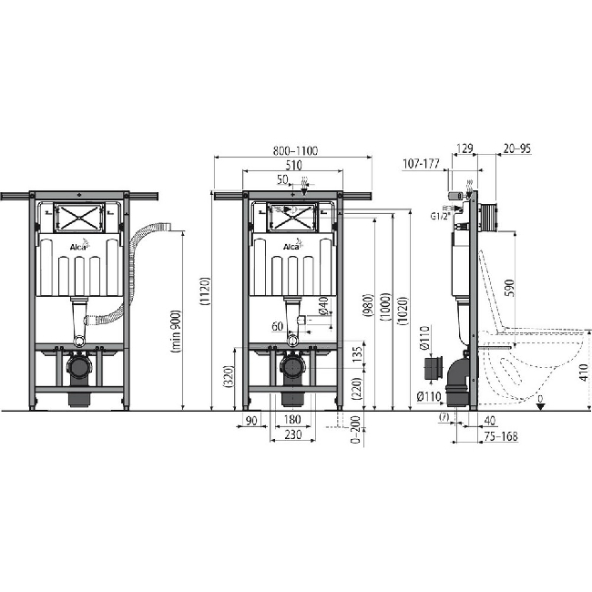 Alcaplast AM102 1120V Jádromodul beépíthető WC tartály panelba szellőzésses AM102/1120V rajza