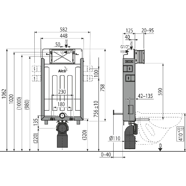 Alcaplast AM115 1000V Renovmodul beépíthető WC tartály befalazáshoz szellőzéses AM115/1000V rajza