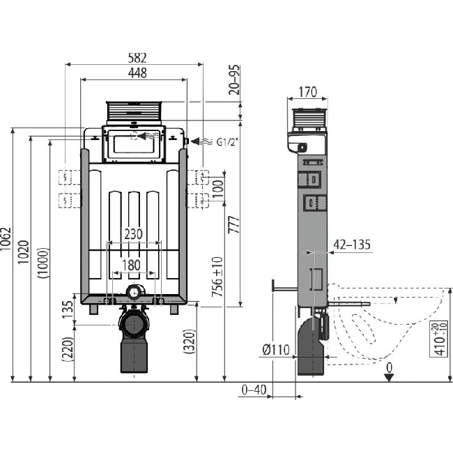Alcaplast AM119 1000 Renovmodul beépíthető WC tartály befalazáshoz AM119/1000 rajza