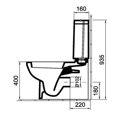 Alföldi LINER monoblokkos WC csésze műszaki rajz oldalnézet