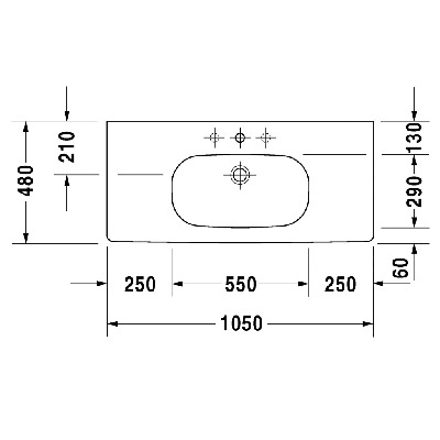 Duravit D-CODE alulról beépíthető mosdó 100x48 felülnézeti műszaki rajza