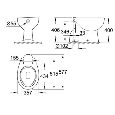 Grohe Bau Ceramic álló WC öblítőperem nélküli GR-39431000 rajza