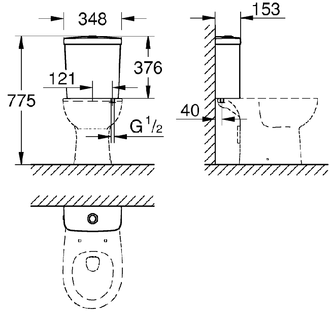 Grohe Bau Ceramic WC öblítőtartály monoblokkos GR-39436000 rajza