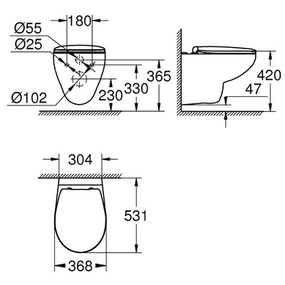 Grohe Bau Ceramic WC szett perem nélküli softclose üllőkével GR-39351000 rajza