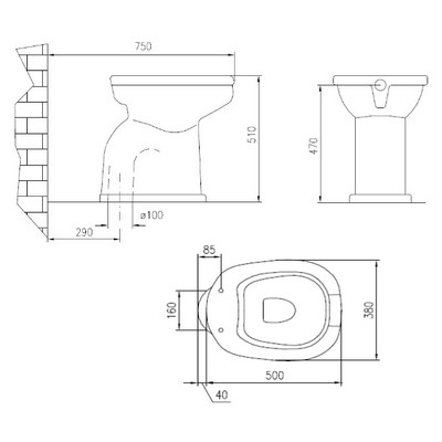 MOKO Wabi 505 nyitott mozgáskorlátozott WC csésze MOKO-523500 műszaki rajz