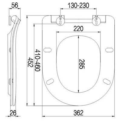 Sapho Edita WC ülőke fém zsanér softclose levehető slim 1703 458 műszaki rajz