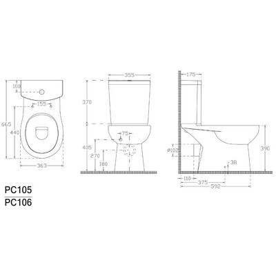 Sapho Kairo monoblokkos bidés WC tartállyal hátsó kifolyással PC106 műszaki rajz