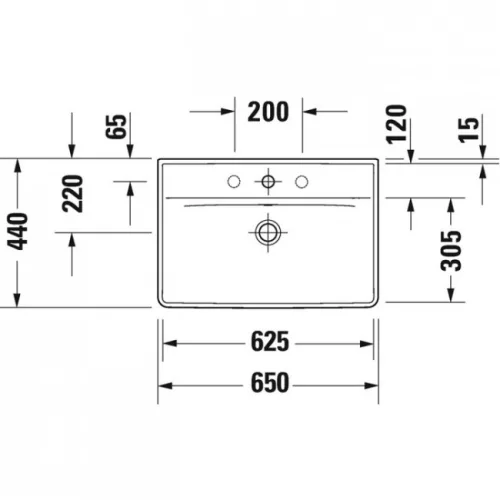 Duravit D-Neo mosdó csaplyukkal alul mázas 65x44 2366650000 rajz2