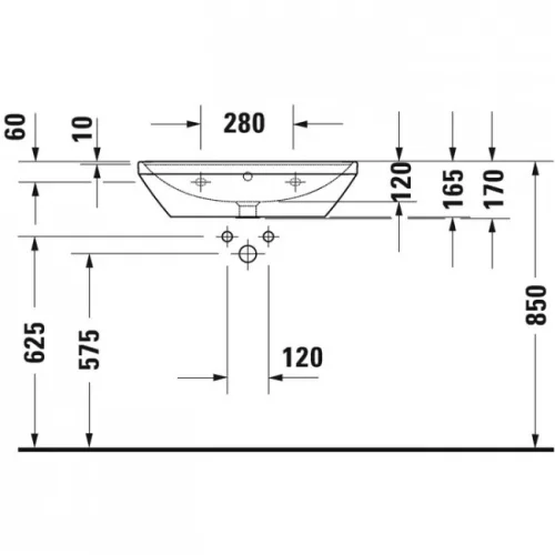 Duravit D-Neo mosdó csaplyukkal alul mázas 65x44 2366650000 rajz3