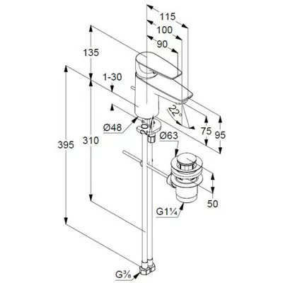 Kludi PURE&SOLID 75 egykaros mosdó csaptelep króm automata leeresztővel 343820575