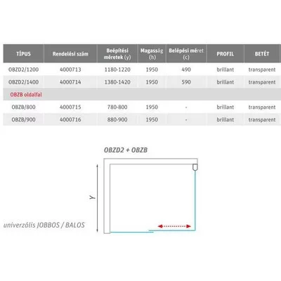 Roltechnik OBZD2 1200 kétrészes zuhanyajtó brillant profil transparent üveg (4000713)