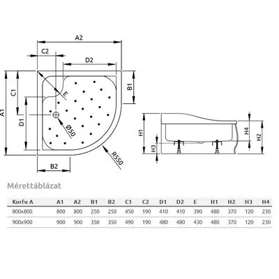 Radaway Korfu A mélyített íves zuhanytálca szifonnal 800 mm 4S88400-03