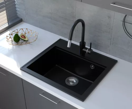 Mofém Zenit 1B metál fekete gránit mosogatótálca – Duraquartz, ráépíthető, 560x510 mm (760012801N3)