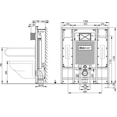 Alcaplast A101 beépíthető WC tatály szerelőkerettel 1300 mm mozgáskorlátozottaknak (A101-1300H)