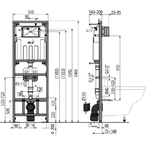 Alcaplast A108F 1500 szerelőkeret tartállyal falikúthoz szennycsővel A108F/1500