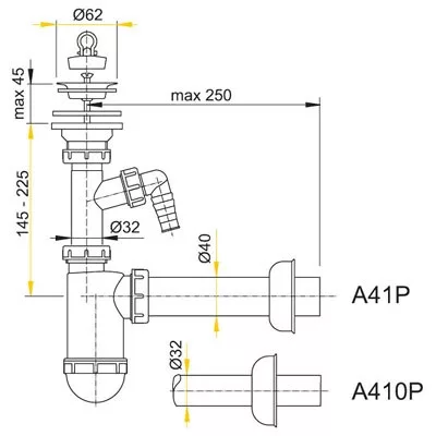Alcaplast A410P mosdó szifon rozsdamentes acél leeresztővel csatlakozóval (A410P)