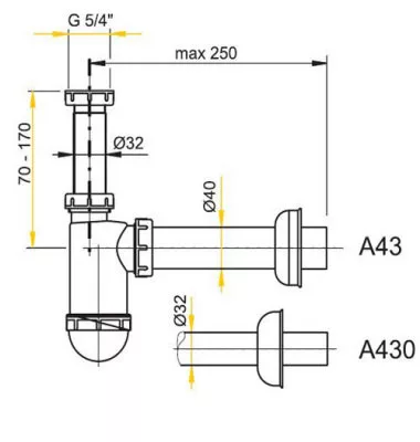 Alcaplast A43 mosdó szifon leeresztőszelep nélkül 5/4 col menettel (A43)