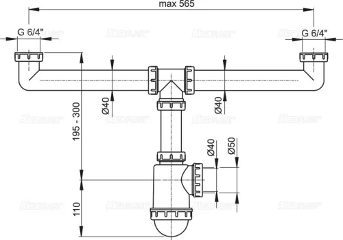 Alca A448-DN50/40 kétmedencés mosogató szifon Ø50/40 mm-es csatlakozással (A448-DN50/40)