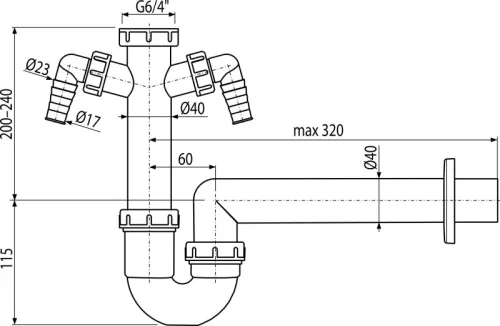 Alca A82-DN40 csőszifon 6/4" hollandi anyával és két mosogatógépcsatlakozóval – Ø40 mm, mosogatóhoz (A82-DN40)