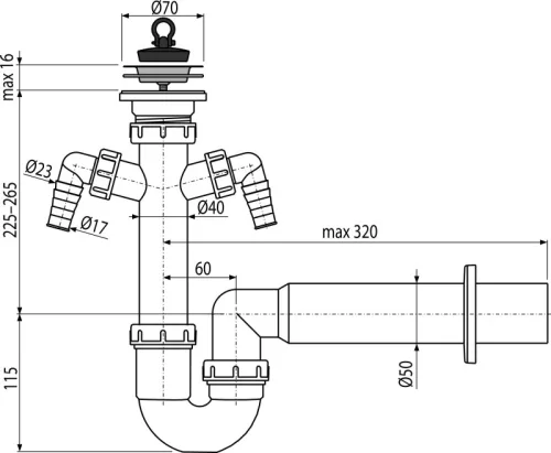 Alca A820-DN50 csőszifon – DN70 leeresztő ráccsal, 2 csatlakozóval (mosogatógép, mosógép), Ø50 kimenet (A820-DN50)