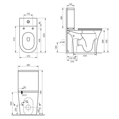 Aqualine VITO RIMLESS monoblokkos WC, ülőke nélkül, alsó/hátsó kifolyású, 61x35,5cm