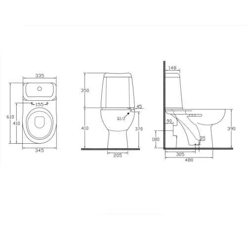 Aqualine RIGA monoblokkos WC, hátsó kifolyású, duálgombos öblítőmechanika 34,5x61cm