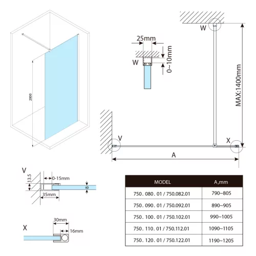 Bruckner SPITZA WALK-IN fix zuhanyfal, 1000mm, matt üveg