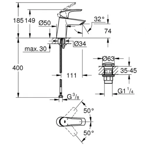 Grohe Eurosmart S döntött mosdócsaptelep ClickClack GR-23968003