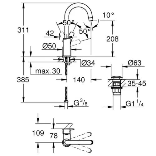 Grohe Eurosmart L felsőíves mosdócsap ClickClack GR-23970003