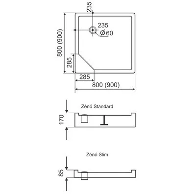 H2O Zénó szögletes zuhanytálca 900 mm standard akril (H2O-12302)