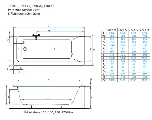 H2O MONA egyenes akril kád 170x70 cm (H2O-12444)