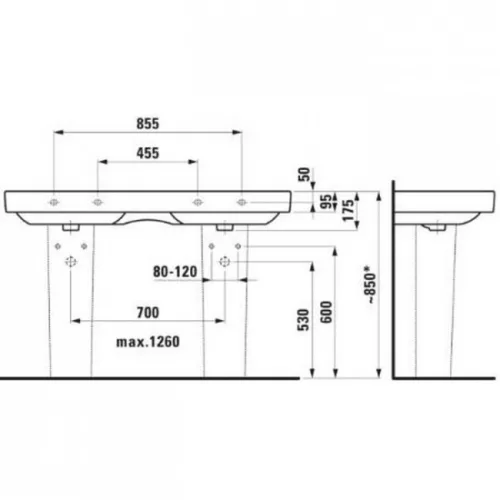 Laufen Pro S ráépíthető dupla mosdó csaplyukkal 130 cm fehér H8149680001041 rajz3