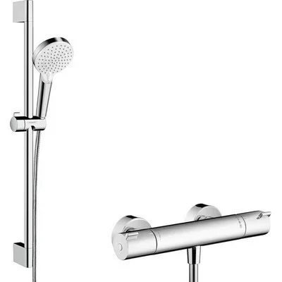 Hansgrohe Crometta Ecostat termosztátos zuhanyrendszer 65 cm rúd fehér króm 27812400 rajza