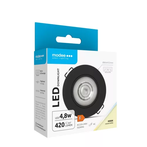 Modee LED Mélysugárzó Kerek 4,8W 4000K IP20 D80xH32mm ROT (420 lumen) fekete ERP