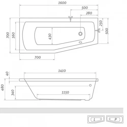 Roltechnik MINI P aszimmetrikus sarokkád 160x70 N-8000074
