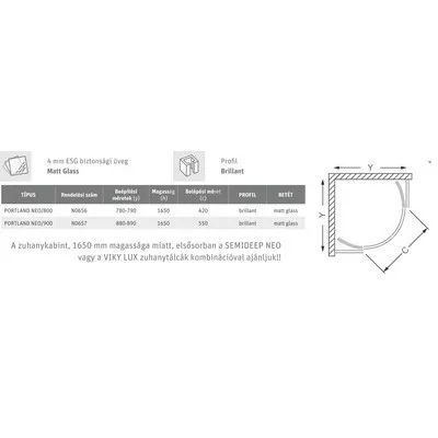 Roltechnik Portland Neo 900 íves zuhanykabin brillant profil matt üveg (N0657)