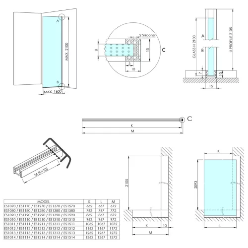 Polysan ARCHITEX CHROM zuhanyfal, 1462mm, flutes üveg