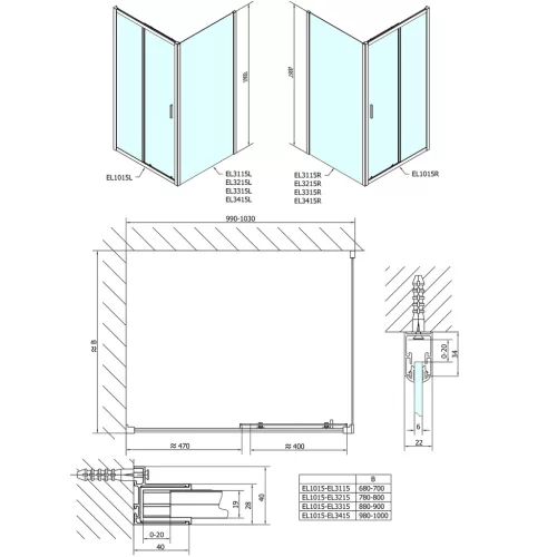 Polysan EASY LINE zuhanyajtó oldalfallal, jobbos/balos, 1000x900mm, transzparent üveg