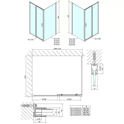 Polysan EASY LINE zuhanyajtó oldalfallal, jobbos/balos, 1100x800mm, transzparent üveg