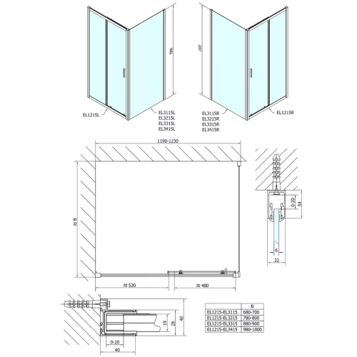 Polysan EASY LINE zuhanyajtó oldalfallal, jobbos/balos, 1200x700mm, transzparent üveg