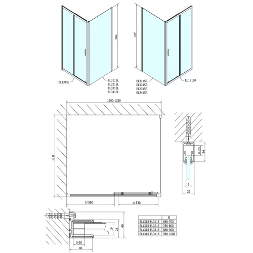Polysan EASY LINE zuhanyajtó oldalfallal, jobbos/balos, 1300x900mm, transzparent üveg