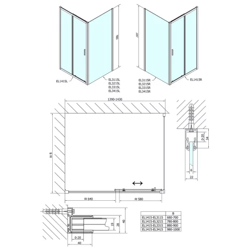 Polysan EASY LINE zuhanyajtó oldalfallal, jobbos/balos, 1400x700mm, transzparent üveg