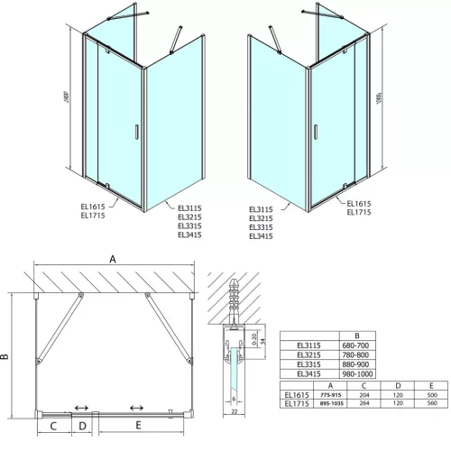 Polysan EASY LINE nyílóajtó 2 oldalfallal, 2 merevítővel, jobbos/balos, 900-1000x700mm, transzparent üveg
