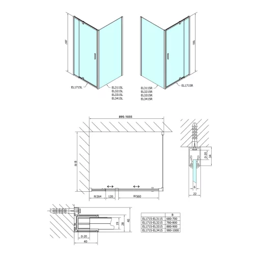 Polysan EASY LINE nyílóajtó oldalfallal, jobbos/balos, 900-1000x900mm, transzparent üveg