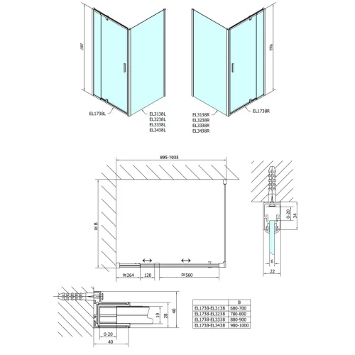 Polysan EASY LINE nyílóajtó oldalfallal, jobbos/balos, 900-1000x900mm, BRICK üveg