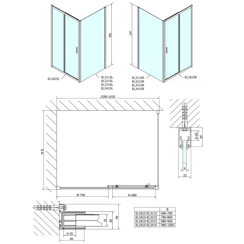 Polysan EASY LINE zuhanyajtó oldalfallal, jobbos/balos, 1600x800mm, transzparent üveg