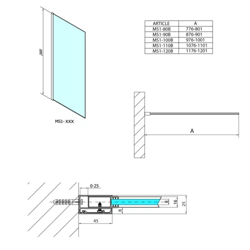 Polysan MODULAR Fix zuhanyfal, 800mm, transzparent üveg, matt fekete profil