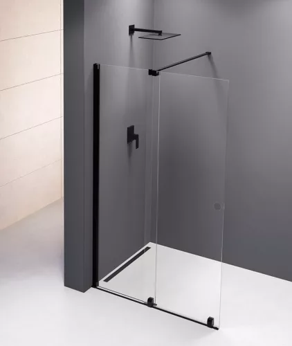 Polysan MODULAR SHOWER tolóajtó fix résszel, 1000mm, matt fekete profil, transzparent üveg