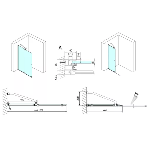 Polysan MODULAR SHOWER tolóajtó fix résszel, 1000mm, matt fekete profil, transzparent üveg