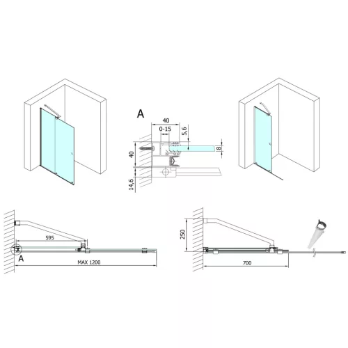 Polysan MODULAR SHOWER tolóajtó fix résszel, 1200mm, matt fekete profil, transzparent üveg